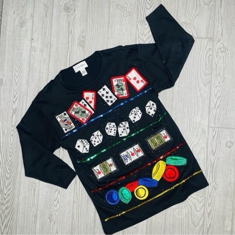 Vintage Cedars Sequin and Beaded Vegas Casino Cotton Sweater Size L